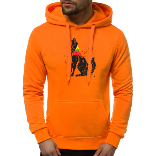 Oranžinis vyriškas džemperis su gobtuvu - juodas Vilkas-Vyriški džemperiai su spauda-Užrašai
