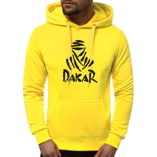 Geltonos spalvos vyriškas džemperis su gobtuvu Dakar-Vyriški džemperiai su spauda-Užrašai