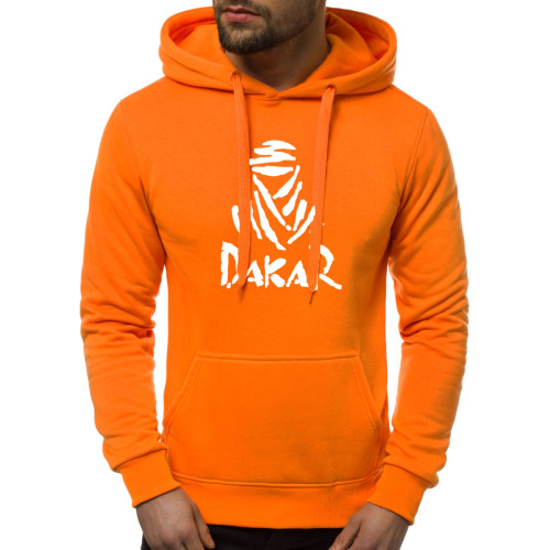 Oranžinis/baltas vyriškas džemperis su gobtuvu Dakar-Vyriški džemperiai su spauda-Užrašai
