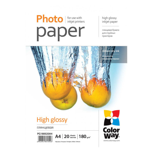 Fotopopierius ColorWay Photo Paper 20 pcs. PG180020A4 Glossy, White, A4, 180 g/m²-Popierius ir
