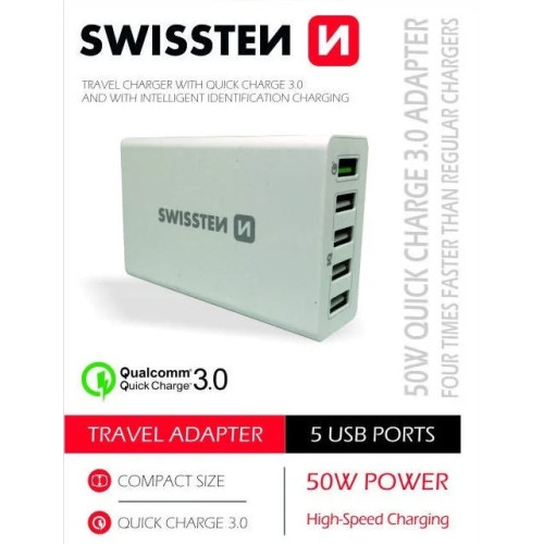 Kroviklis Swissten Qualcomm 3.0 QC Smart IC Premium Travel Charger USB 5x 2.1A / 50W