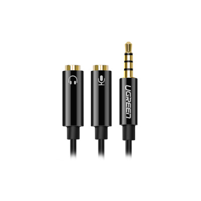 Kabelis adapteris 3.5mm 4pin kištukas - 2x3.5mm lizdai (ausinės + mikrofonas) 0.2m juodas