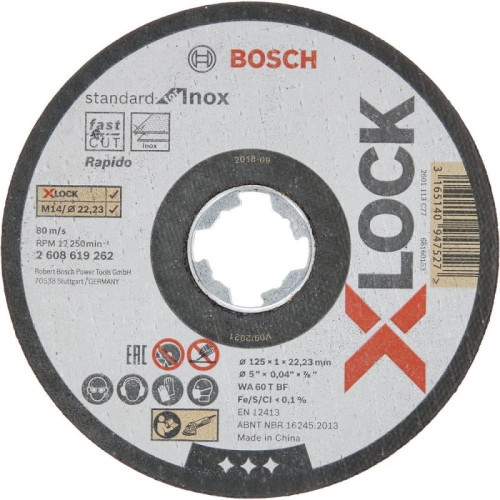 Pjovimo diskai BOSCH 125x1,0mm X-Lock Standart Inox, 250vnt. su priedais-Abrazyviniai metalo
