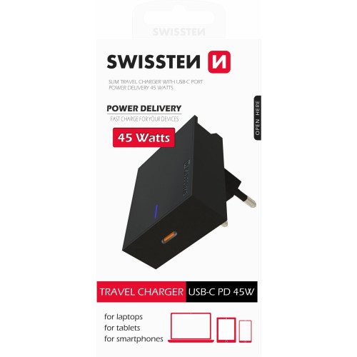 Swissten Premium 45W Travel Charger USB-C PD 3.0: 5V / 3A / 9V / 2A, 12V / 1.5A