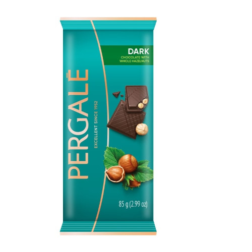 Juodasis šokoladas PERGALĖ, su lazdyno riešutais 85 g-Šokoladas-Saldumynai