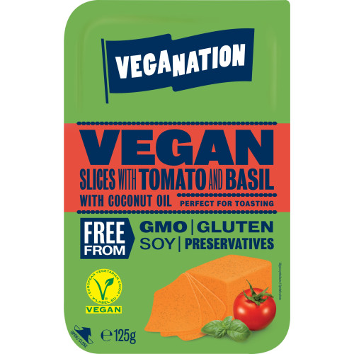 Veganiškas sūris Veganation su pomidorais ir baziliku, riekelėmis, 125 g-Veganiški