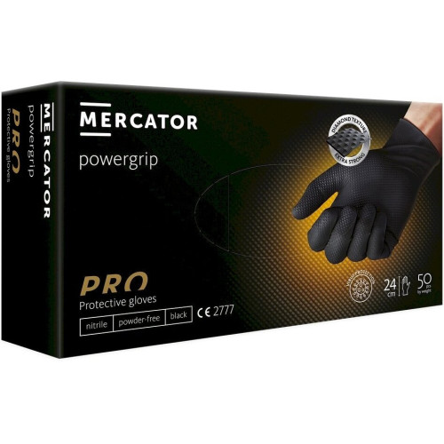 Viekartinės pirštinės MERCATOR Powergrip, nitrilinės, juodos, L dydis, 50 vnt Valymo įrankiai