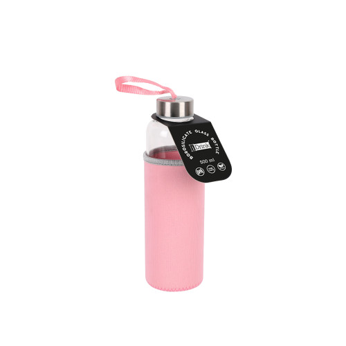 Borosilikatinis stiklo butelis Itotal su rožinės sp., neopreno įmaute, 500 ml Verslo dovanos