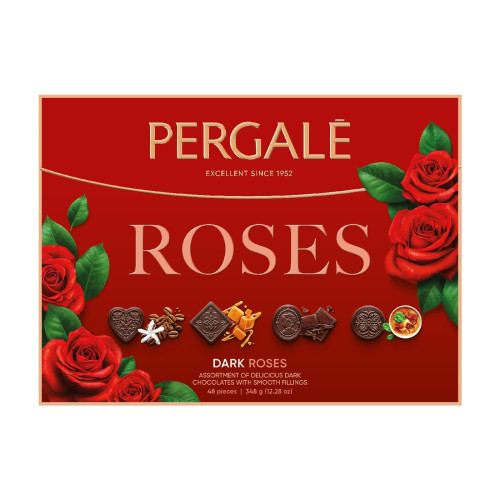 Saldainių rinkinys PERGALĖ Roses, su juoduoju šokoladu, 348 g Saldumynai