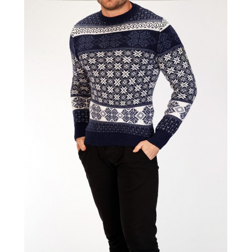 Vyriškas tamsiai mėlynas su baltomis snaigėmis Kalėdinis megztinis Snowflake-Megztiniai-Vyrams