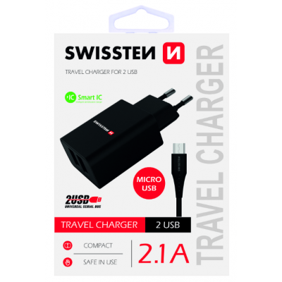 Swissten Premium Travel Charger USB 2.1A / 10.5W With Micro USB Cable 120 cm Black