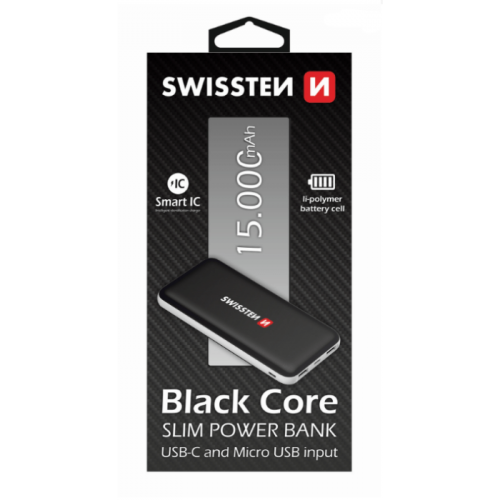 SWISSTEN BLACK COREPREMIUM PORTABLE POWERBANK 2A / USB / USB-C /10000 MAH BLACK-Išorinės